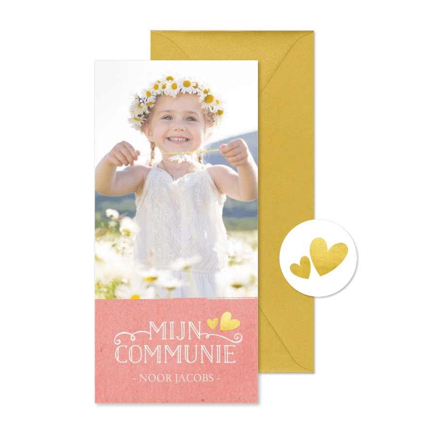Stijlvolle langwerpige communiekaart met grote foto en roze - Kaartimpressie