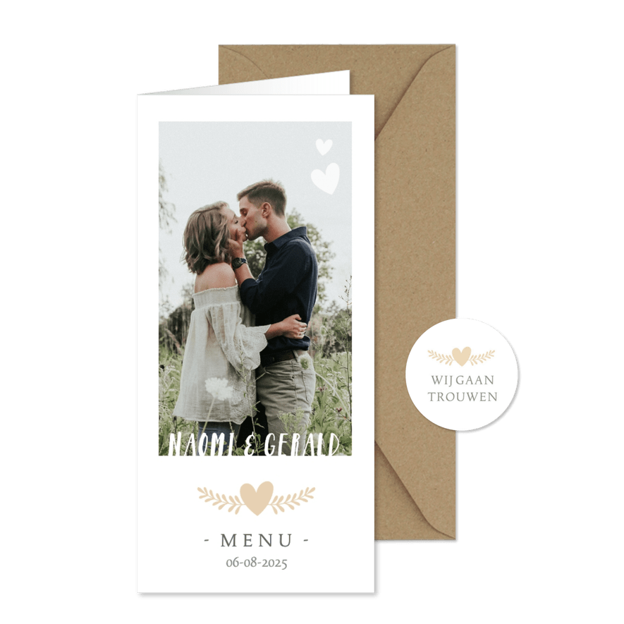 Stijlvolle langwerpige menukaart voor een huwelijk met foto - Kaartimpressie