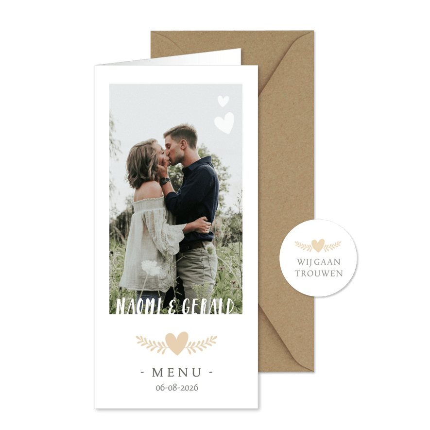 Stijlvolle langwerpige menukaart voor een huwelijk met foto - Kaartimpressie
