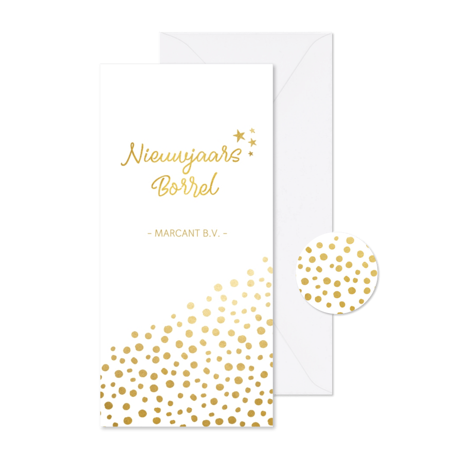 Stijlvolle langwerpige nieuwjaarsborrel uitnodiging met goud - Kaartimpressie