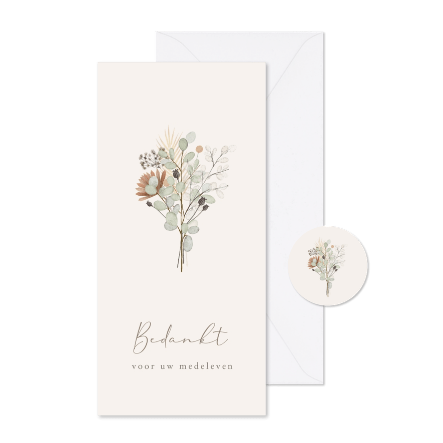 Stijlvolle langwerpige rouw bedankkaart met droogbloemen - Kaartimpressie
