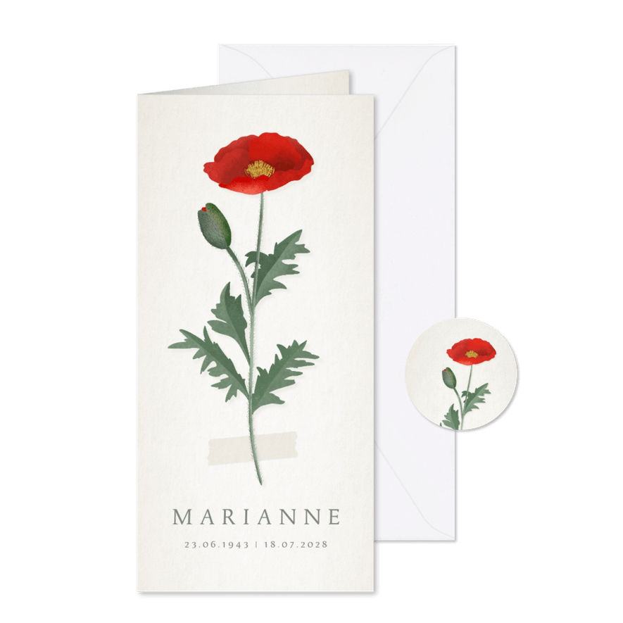 Stijlvolle langwerpige rouwkaart met klaproos voorop - Kaartimpressie