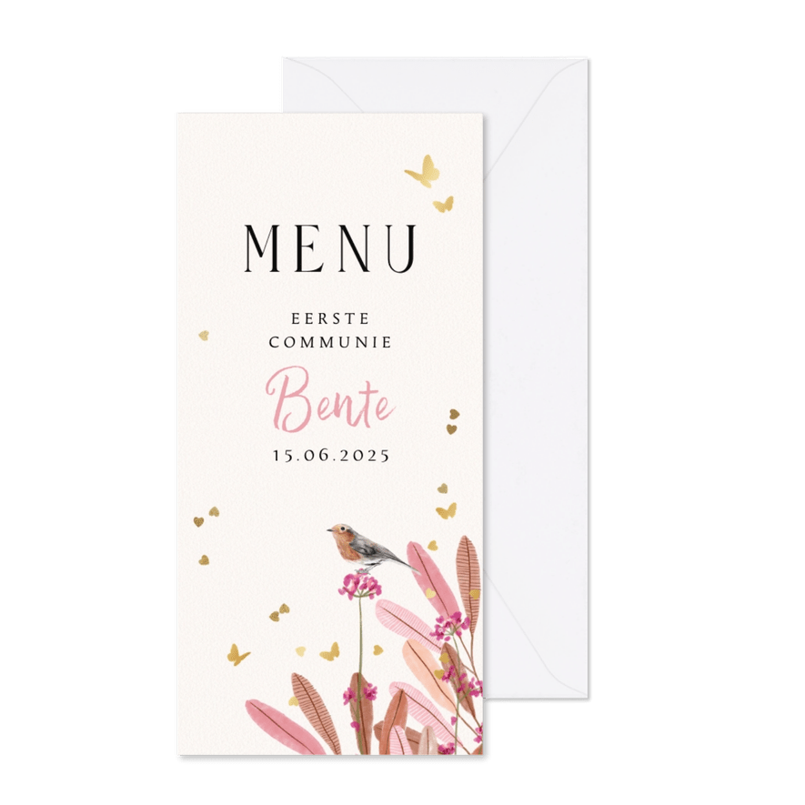 Stijlvolle menukaart bladertakken in roze vlindertjes goud - Kaartimpressie