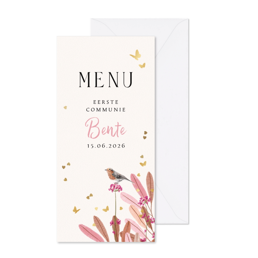 Stijlvolle menukaart bladertakken in roze vlindertjes goud - Kaartimpressie