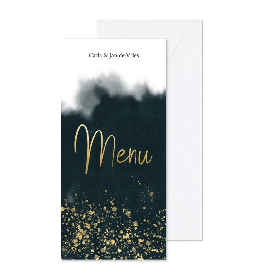 Stijlvolle menukaart blauwe waterverf, goud spetters & tekst - Kaartimpressie