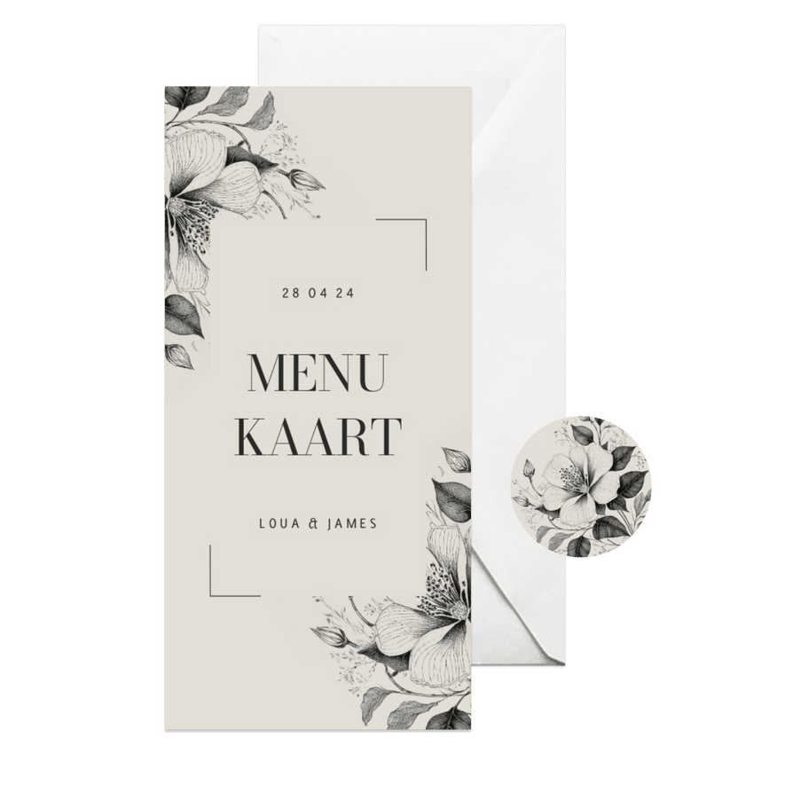  Stijlvolle menukaart bruiloft illustratie vintage bloemen - Kaartimpressie