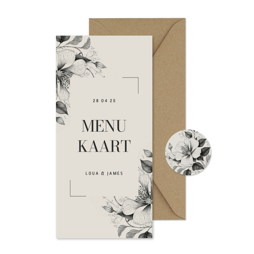 Stijlvolle menukaart bruiloft illustratie vintage bloemen - Kaartimpressie