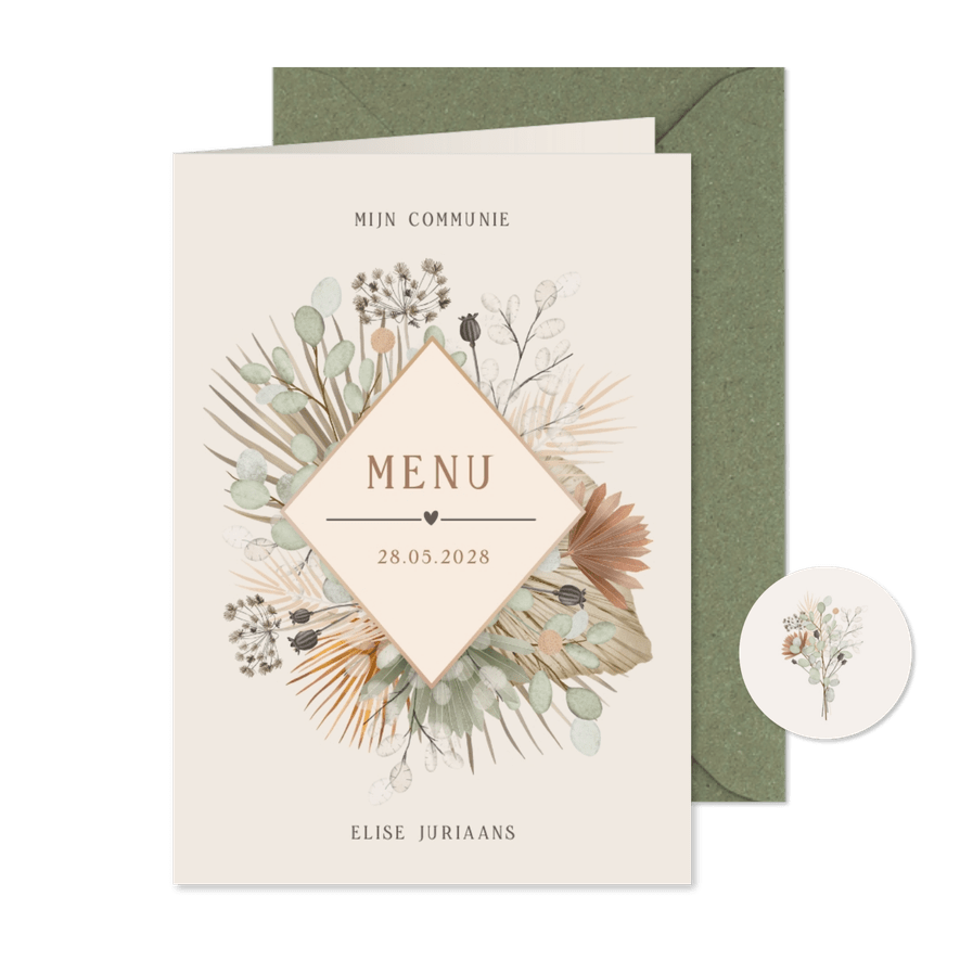 Stijlvolle menukaart communie met waterverf droogbloemen - Kaartimpressie