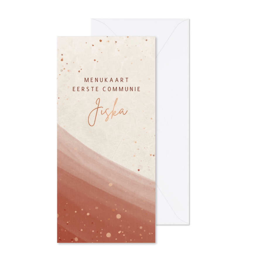Stijlvolle menukaart communie waterverf roze koperfolie - Kaartimpressie