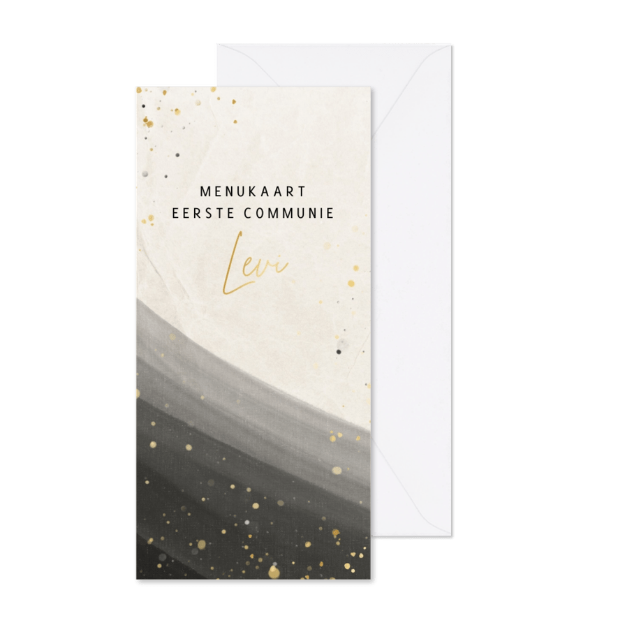 Stijlvolle menukaart communie waterverf zwart goudfolie - Kaartimpressie