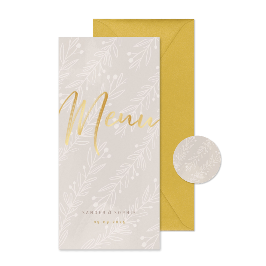 Stijlvolle menukaart gouden tekst naturel takjes - Kaartimpressie