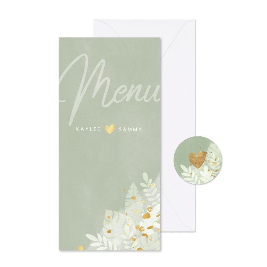 Stijlvolle menukaart groene waterverf en junglebladeren - Kaartimpressie