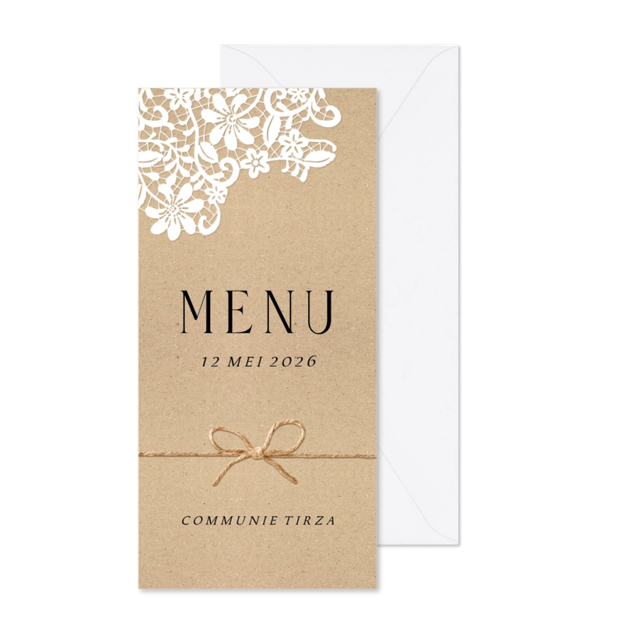 Stijlvolle menukaart kanten bloemenpatroon kraft strik - Kaartimpressie