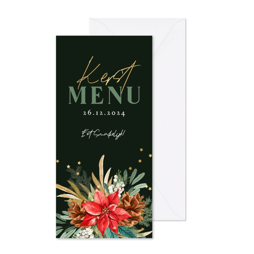 Stijlvolle menukaart kerst botanische takken sterren goud - Kaartimpressie