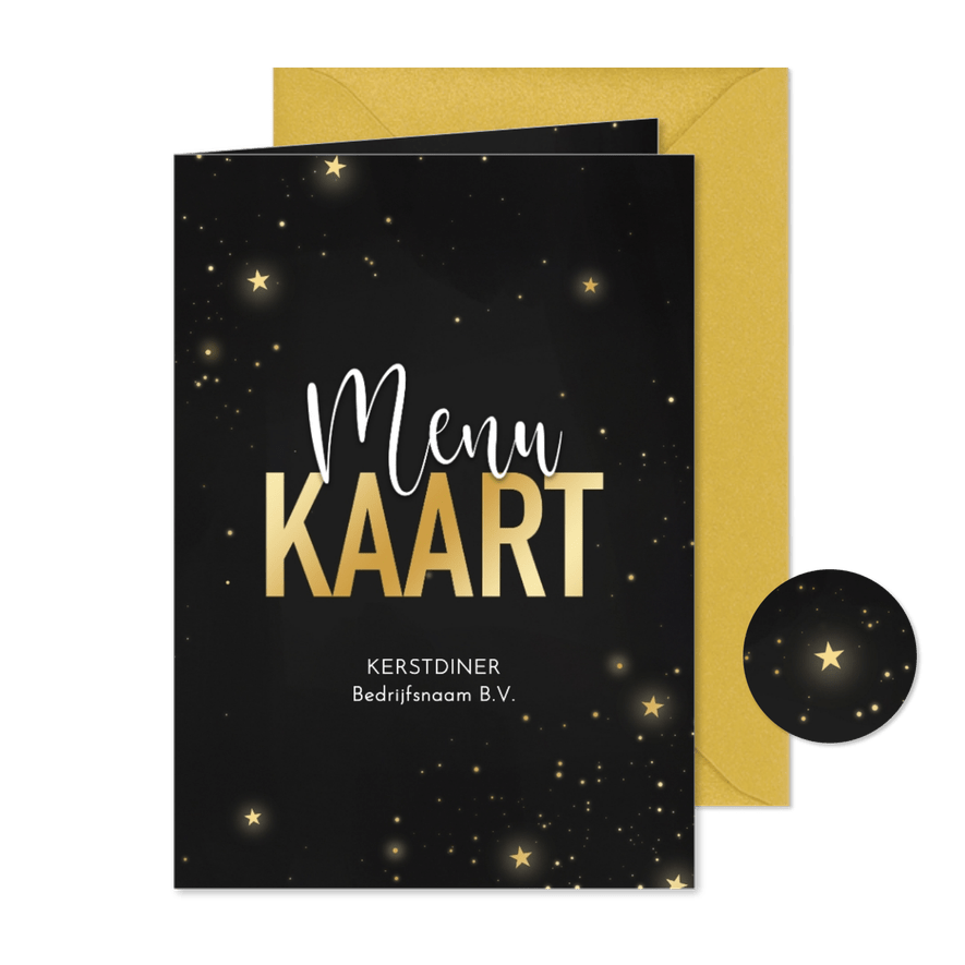 Stijlvolle menukaart kerstdiner zwart sterretjes goud - Kaartimpressie