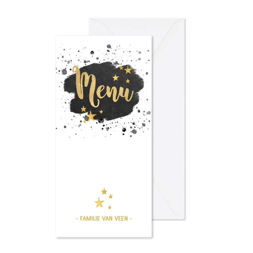 Stijlvolle menukaart kerstdiner zwarte verf gouden tekst - Kaartimpressie
