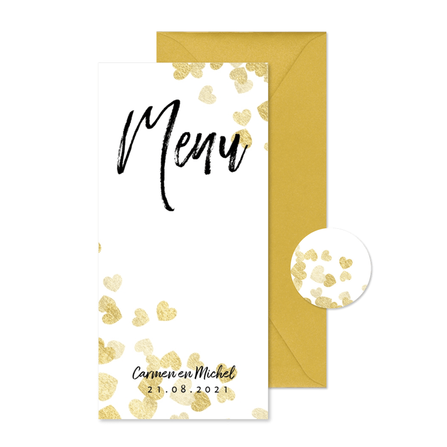 Stijlvolle menukaart met gouden hartjes en typografie - Kaartimpressie