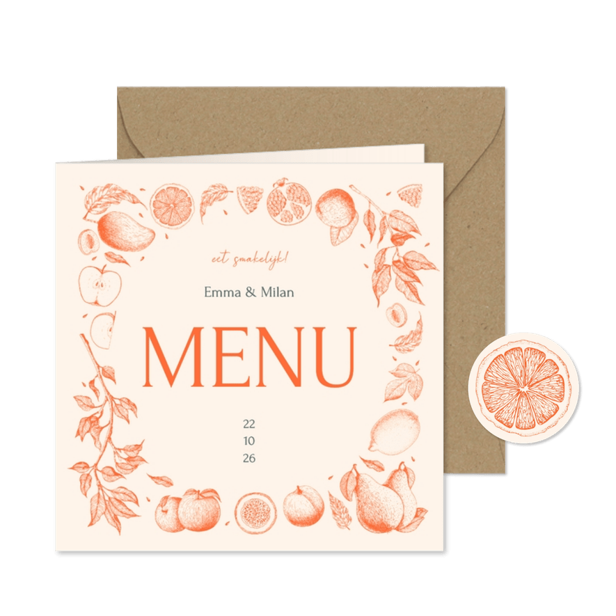Stijlvolle menukaart met vintage lijntekeningen van fruit - Kaartimpressie