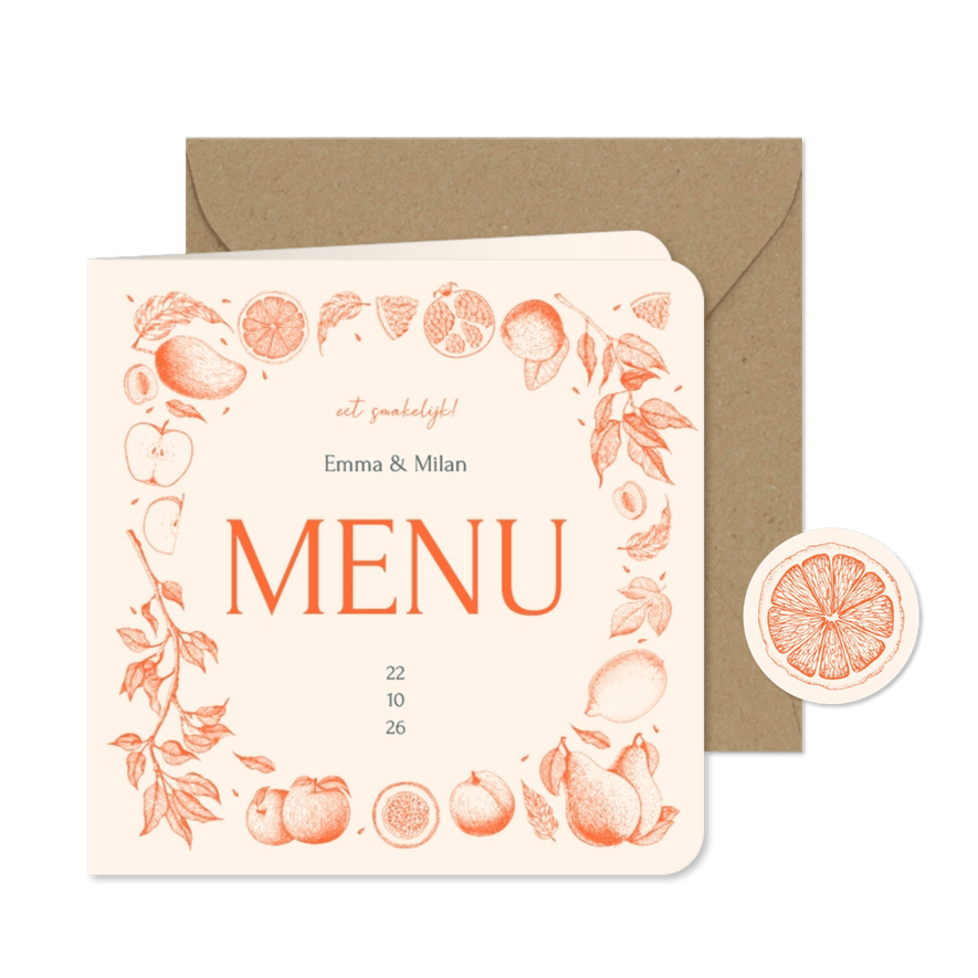Stijlvolle menukaart met vintage lijntekeningen van fruit - Kaartimpressie