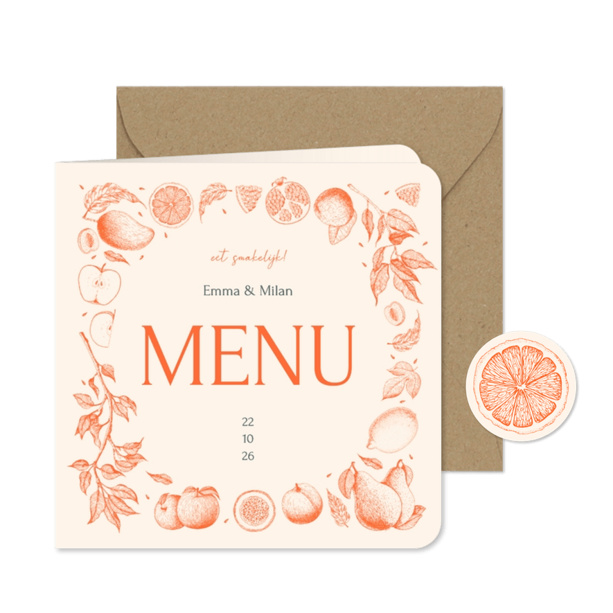 Stijlvolle menukaart met vintage lijntekeningen van fruit - Kaartimpressie