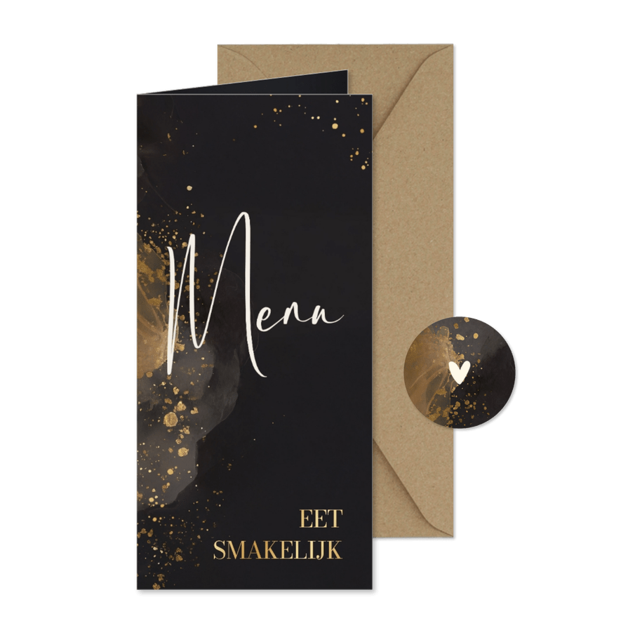 Stijlvolle menukaart trouwen goud donkergrijs waterverf - Kaartimpressie
