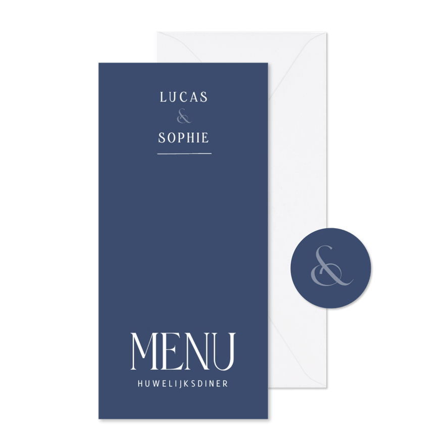 Stijlvolle menukaart voor een huwelijk donkerblauw - Kaartimpressie