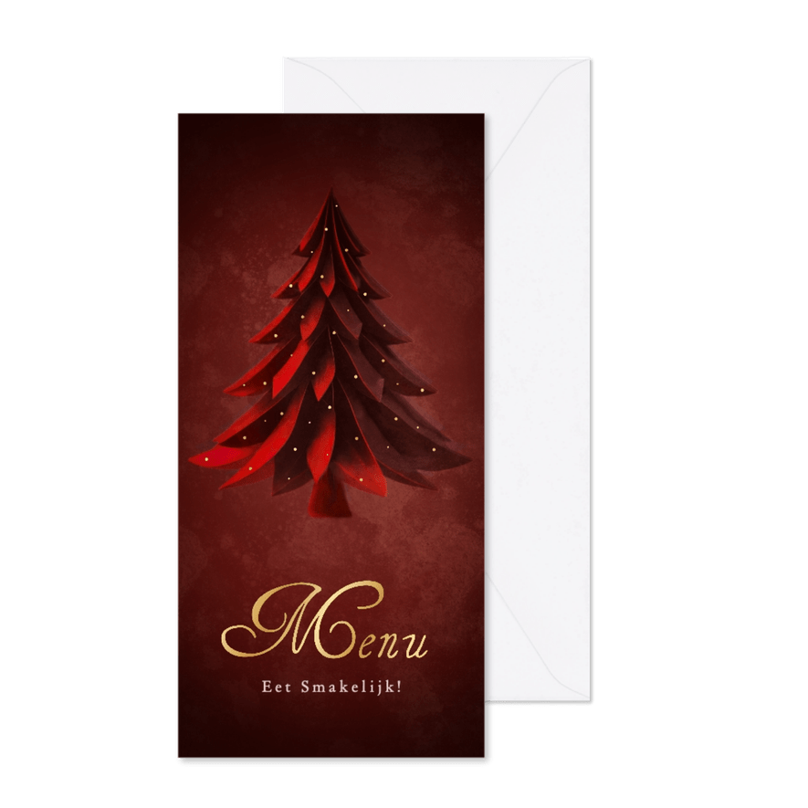 Stijlvolle menukaart voor kerst met rode kerstboom en goud - Kaartimpressie