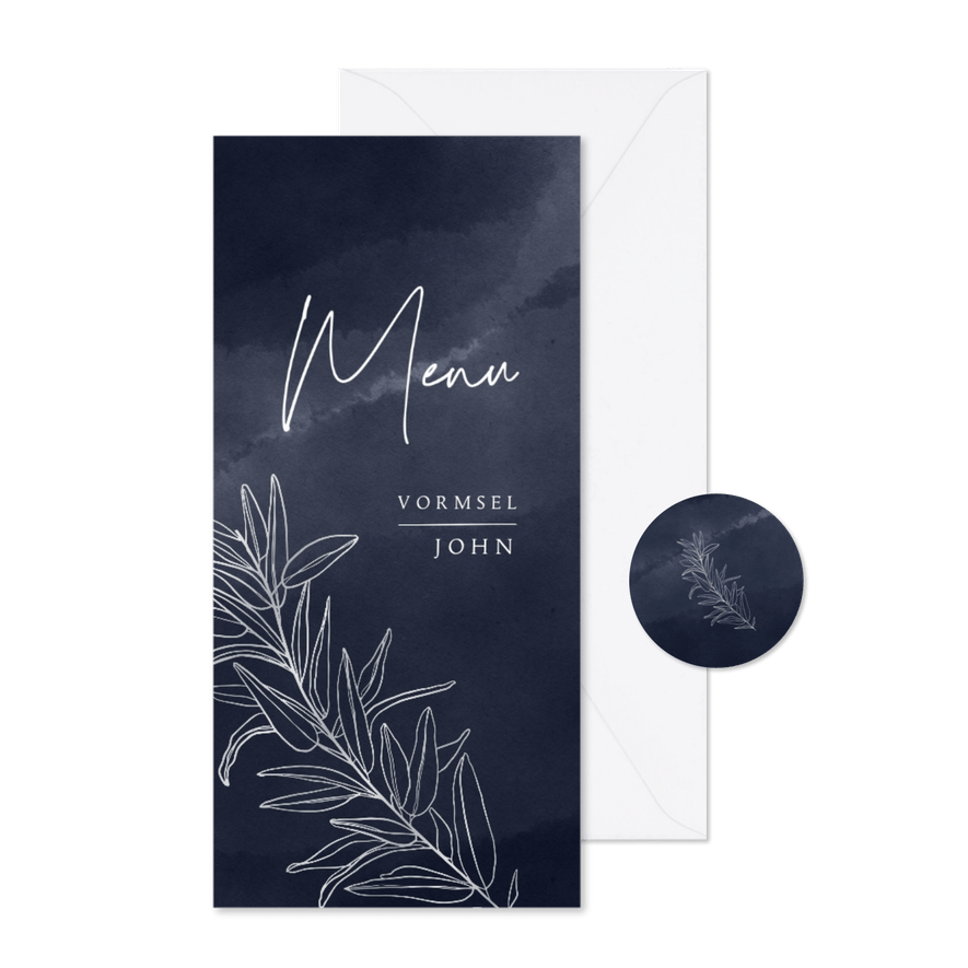 Stijlvolle menukaart vormsel donkerblauw waterverf takje - Kaartimpressie