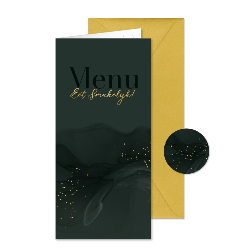 Stijlvolle menukaart watercolor chique groen goud spetters - Kaartimpressie