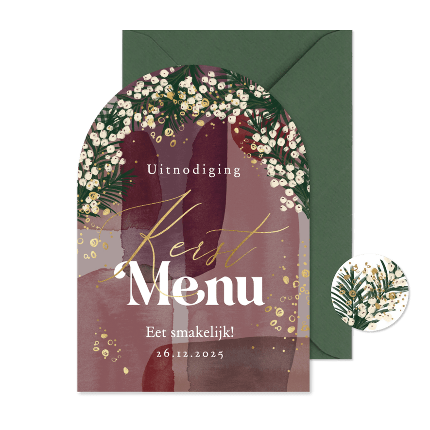 Stijlvolle menukaart watercolor kersttakken bubbels goud - Kaartimpressie