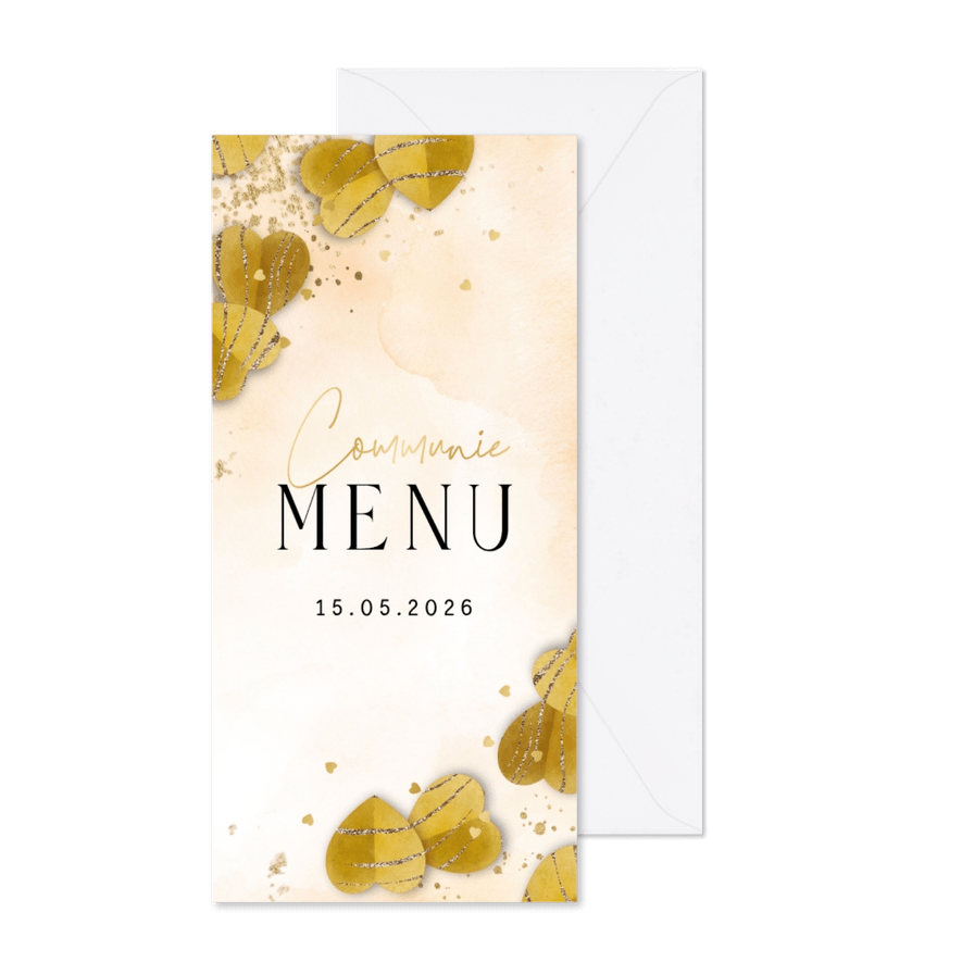 Stijlvolle menukaart watercolour harten goud - Kaartimpressie
