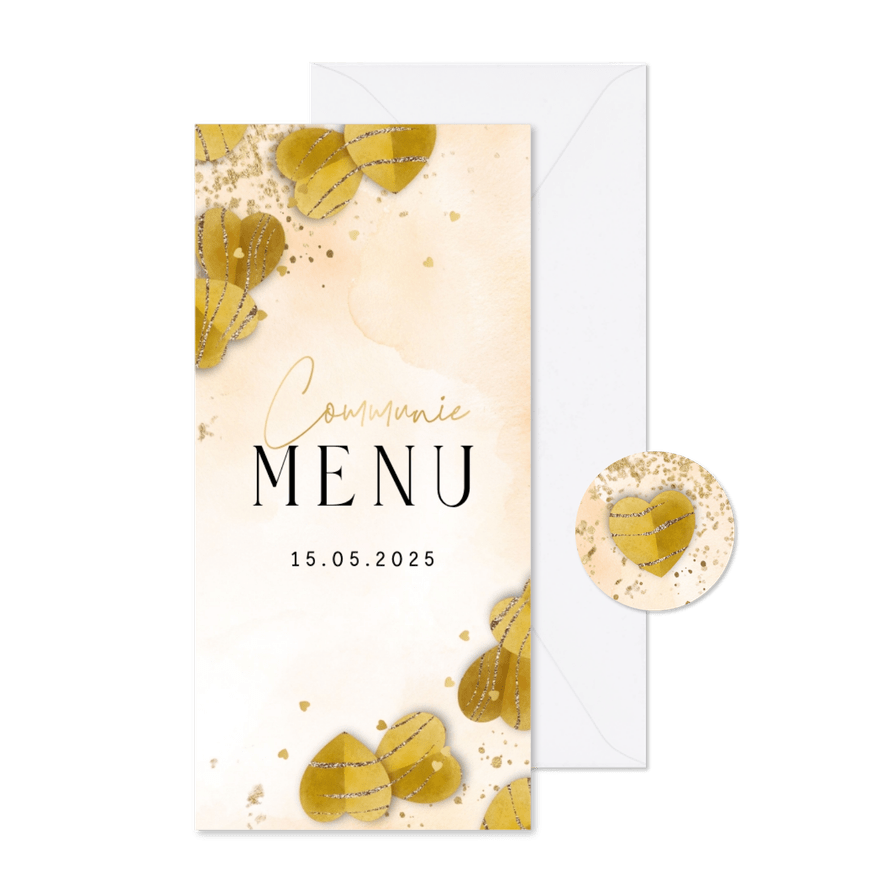 Stijlvolle menukaart watercolour harten goud - Kaartimpressie