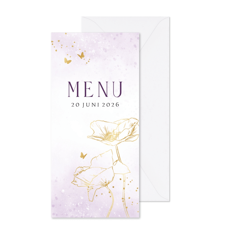 Stijlvolle menukaart waterverf lijnillustratie klaproos goud - Kaartimpressie