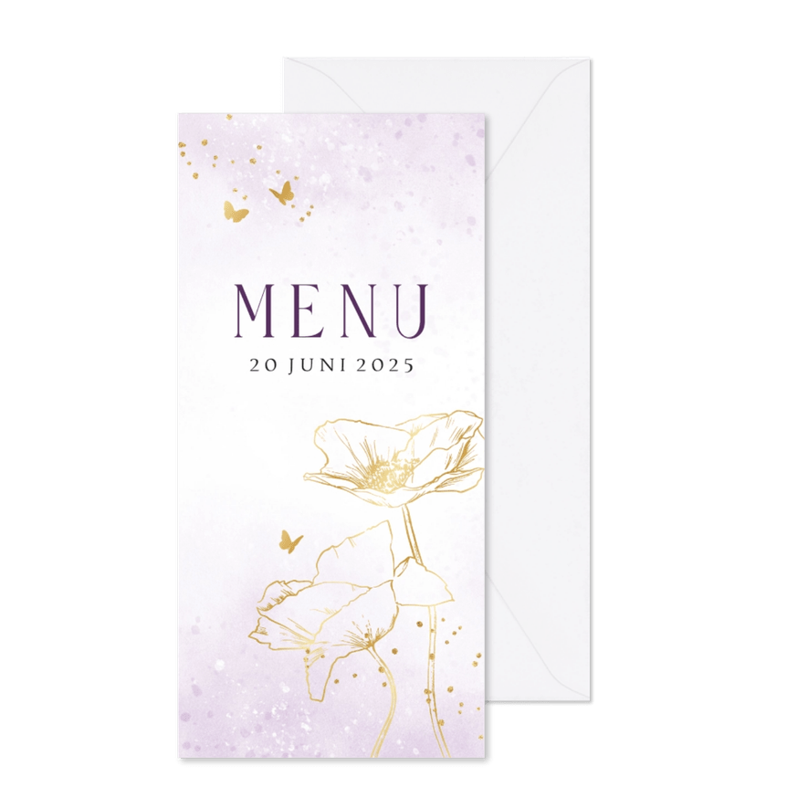 Stijlvolle menukaart waterverf lijnillustratie klaproos goud - Kaartimpressie