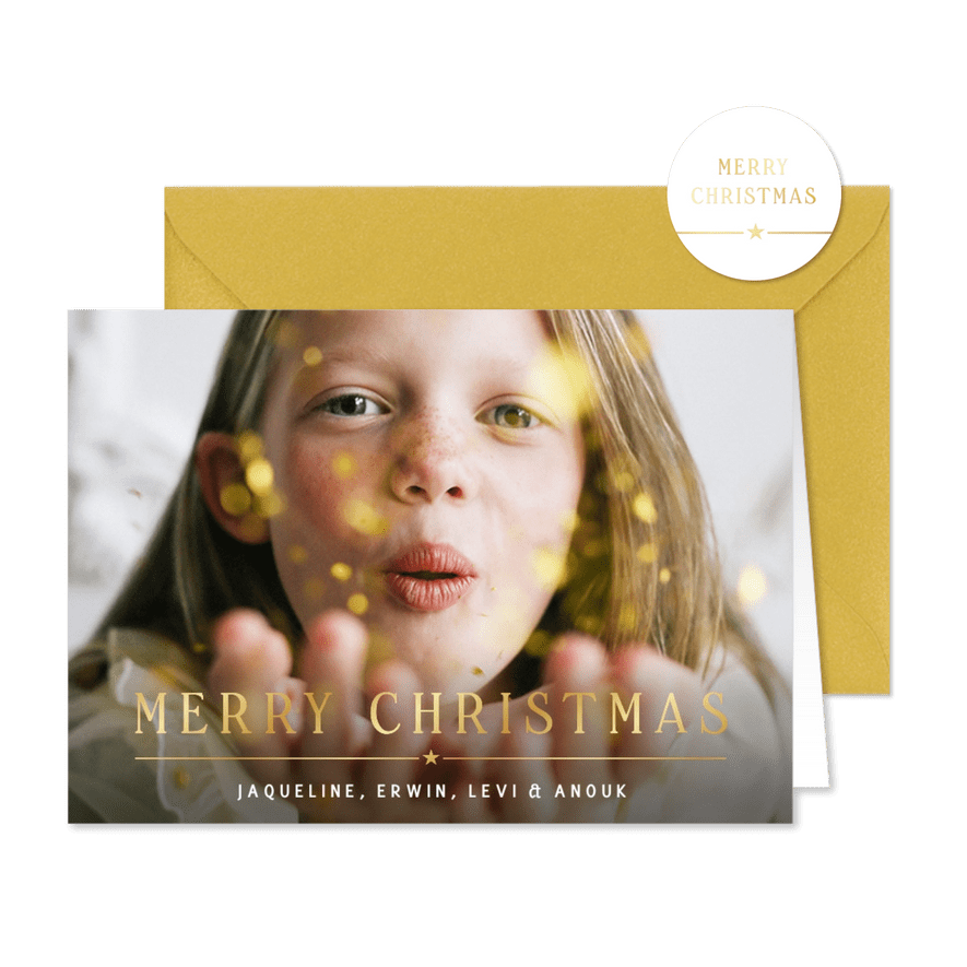 Stijlvolle Merry Christmas kerstkaart met eigen foto en goud - Kaartimpressie