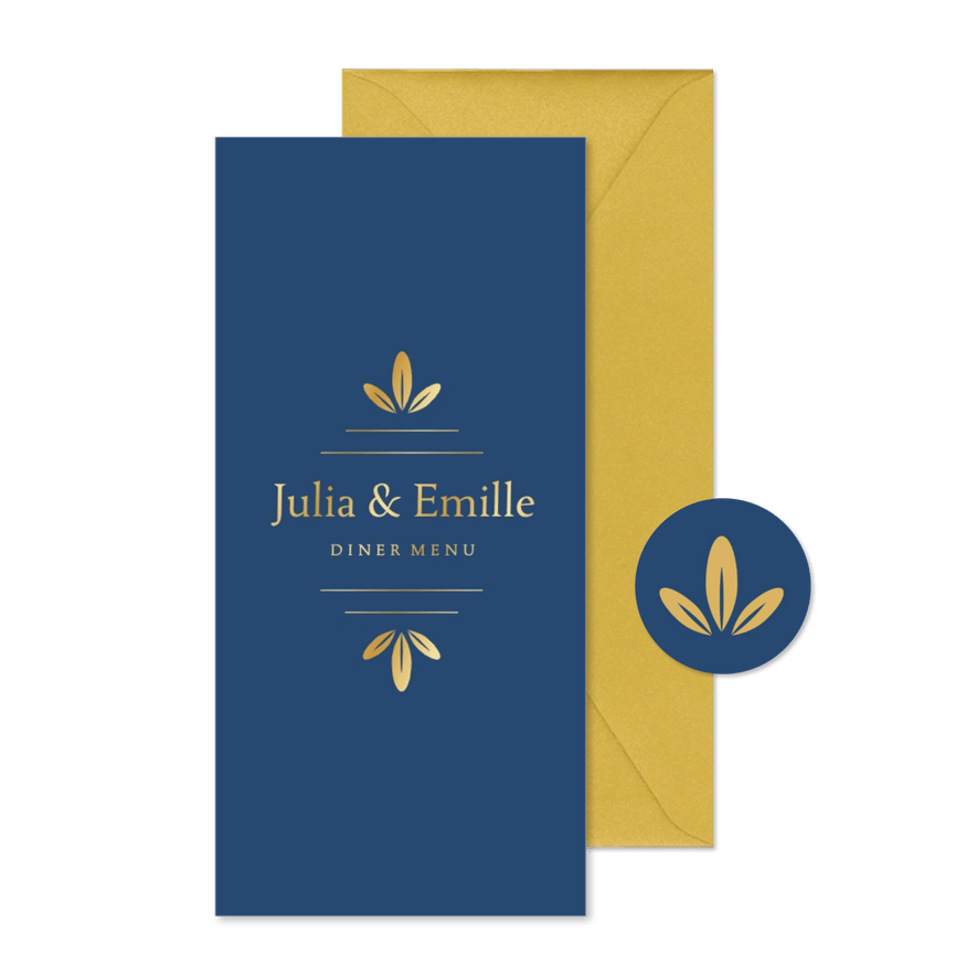 Stijlvolle minimalistische menukaart met gouden ornament - Kaartimpressie