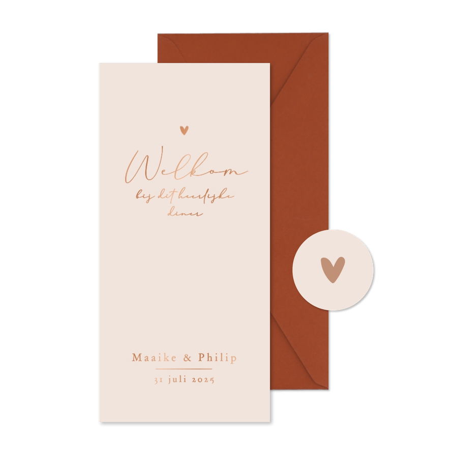 Stijlvolle minimalistische menukaart romantisch hartje koper - Kaartimpressie