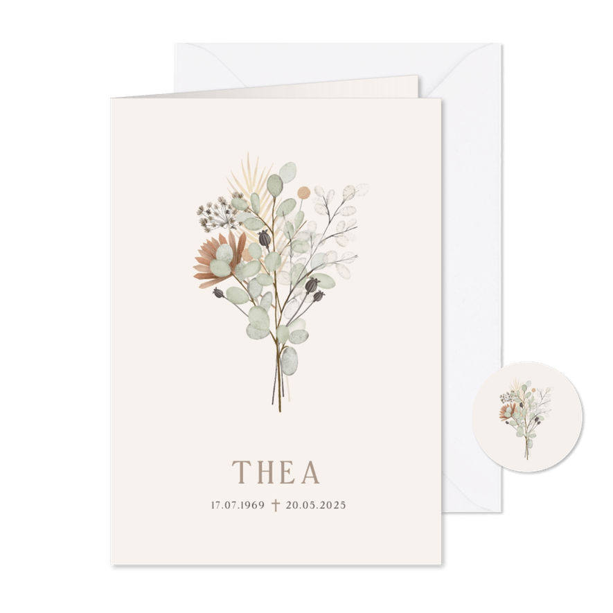 Stijlvolle minimalistische rouwkaart met boeket bloemen - Kaartimpressie