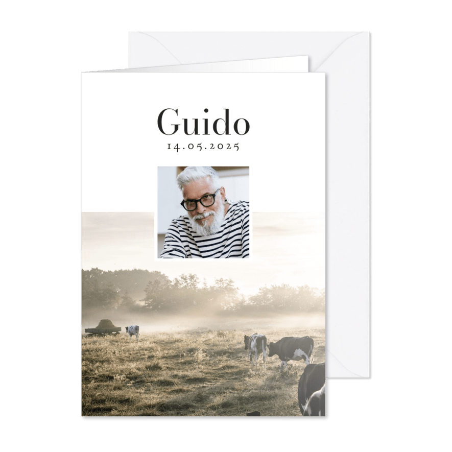 Stijlvolle moderne rouwkaart landschap koeien met foto - Kaartimpressie