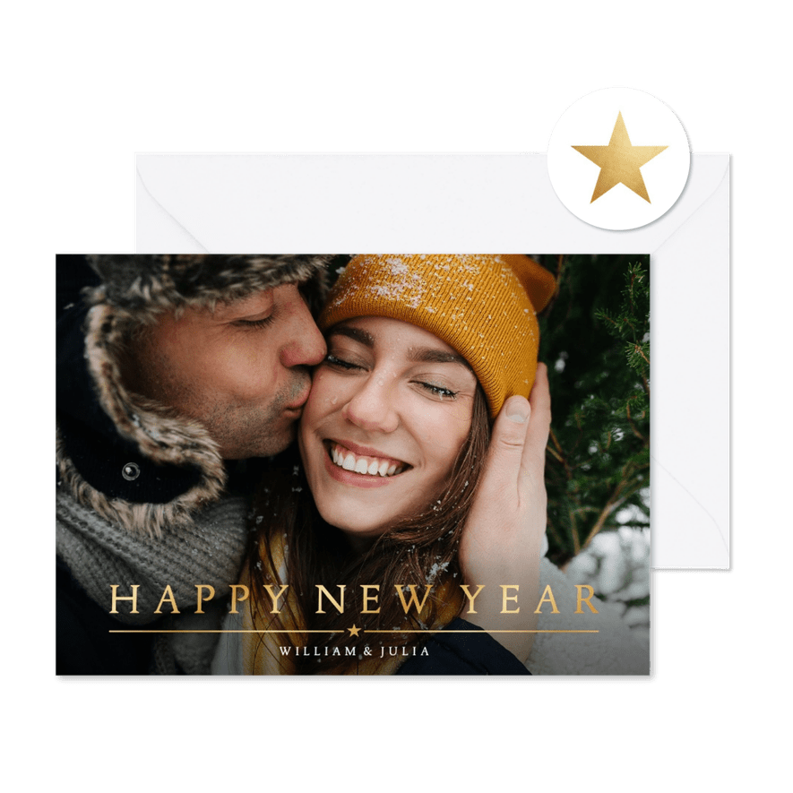 Stijlvolle nieuwjaars fotokaart met goudlook happy new year - Kaartimpressie