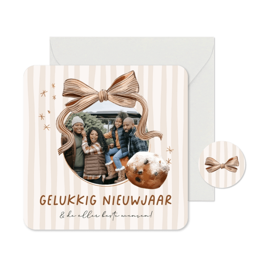 Stijlvolle nieuwjaarsjaar streep strik watercolor oliebol - Kaartimpressie