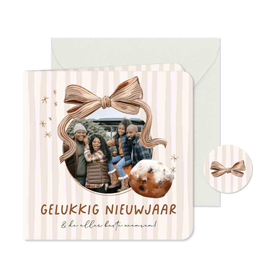 Stijlvolle nieuwjaarsjaar streep strik watercolor oliebol - Kaartimpressie