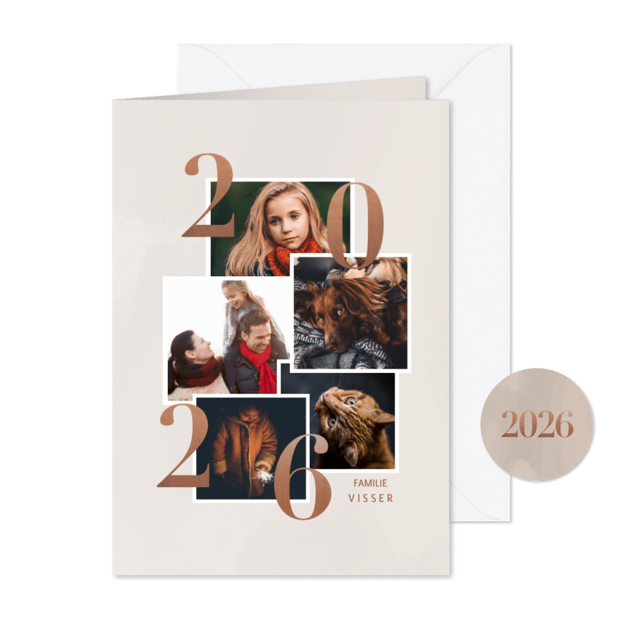 Stijlvolle nieuwjaarskaart 2026 fotocollage in rosegoud - Kaartimpressie