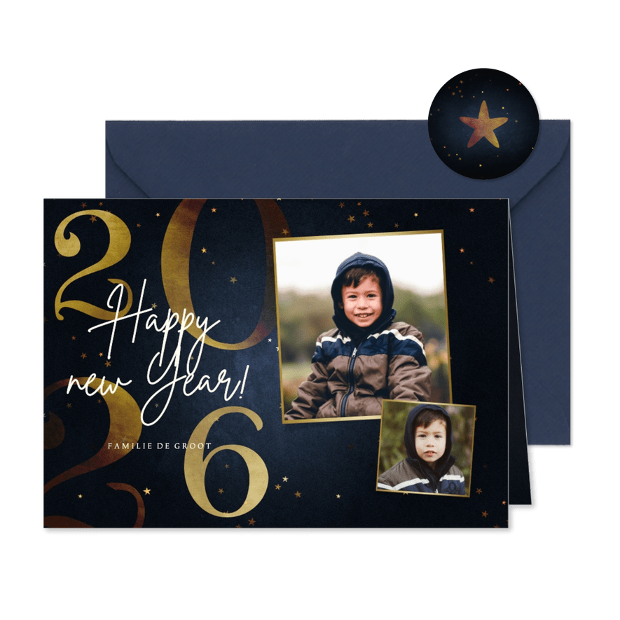 Stijlvolle nieuwjaarskaart 2026 goud 2 fotos happy new year - Kaartimpressie