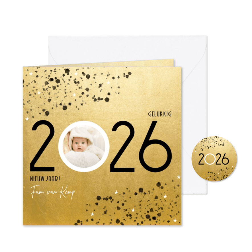 Stijlvolle nieuwjaarskaart 2026 goudlook spetters en foto - Kaartimpressie