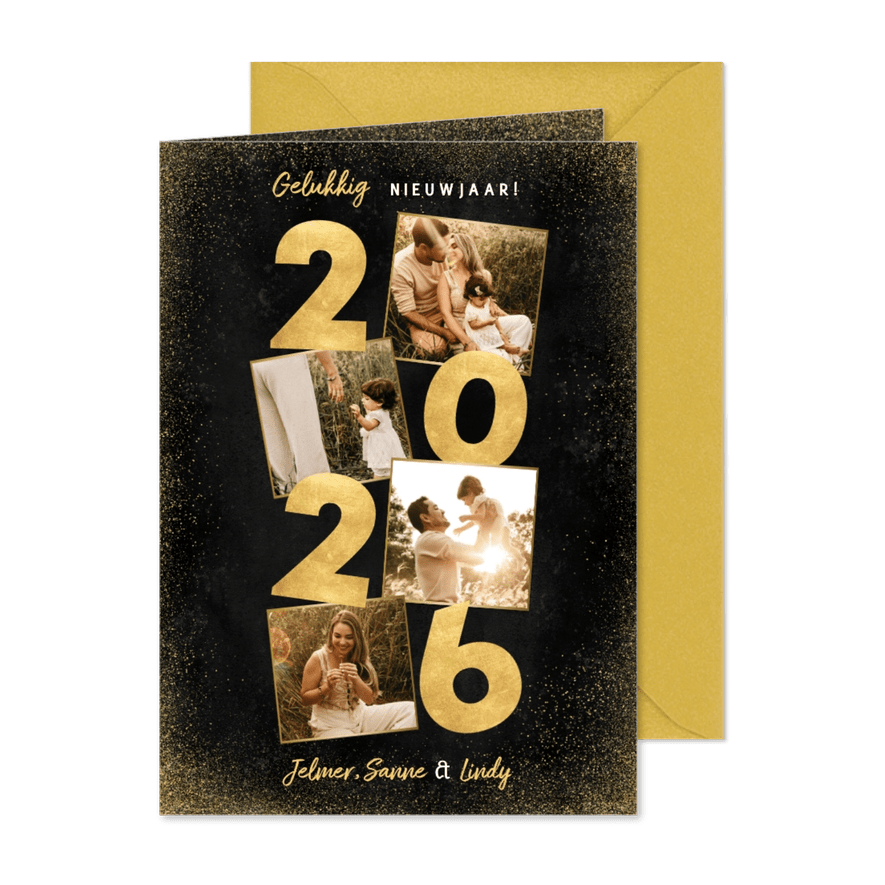 Stijlvolle nieuwjaarskaart 2026 in goud fotocollage - Kaartimpressie