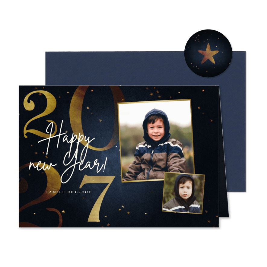 Stijlvolle nieuwjaarskaart 2027 goud 2 fotos happy new year - Kaartimpressie