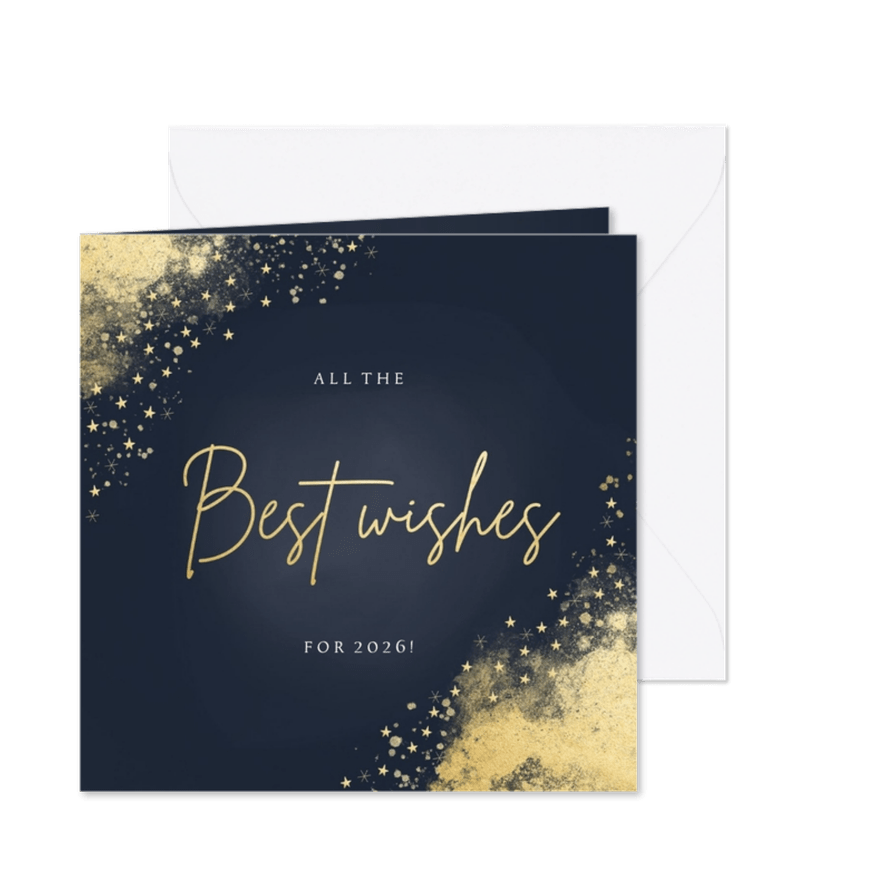 Stijlvolle nieuwjaarskaart best wishes donkerblauw goudlook - Kaartimpressie