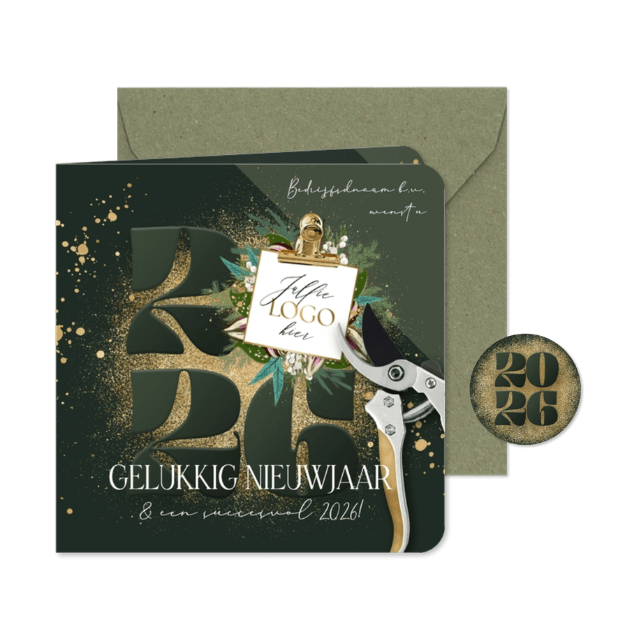 Stijlvolle nieuwjaarskaart botanisch groen jaartal goud - Kaartimpressie
