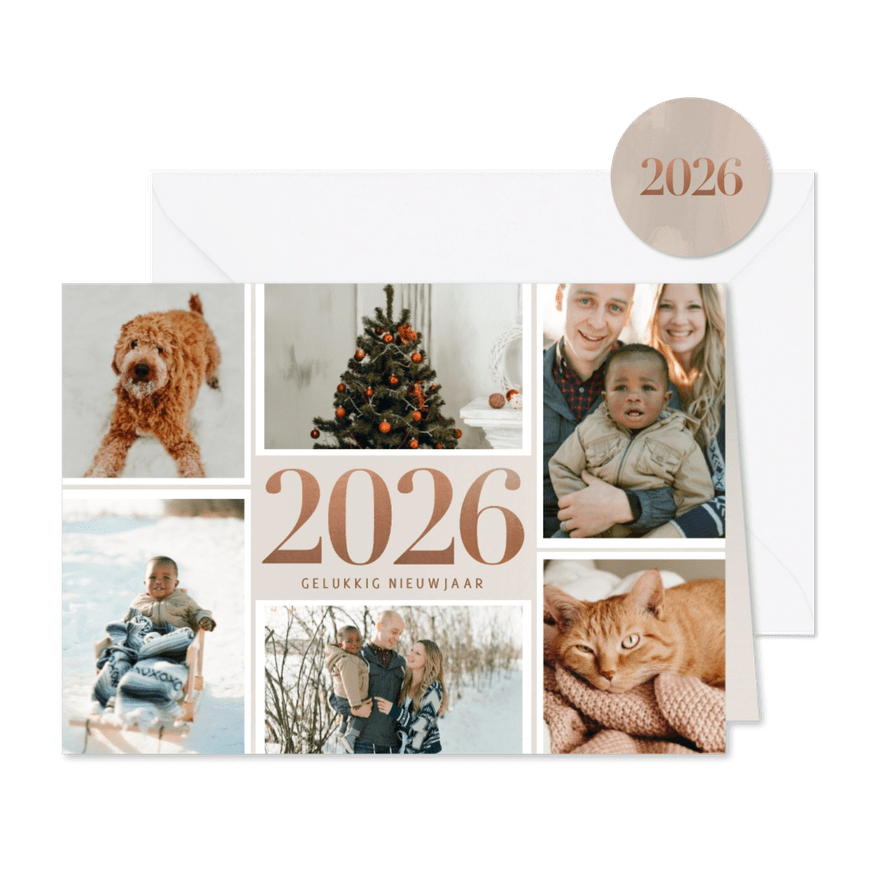 Stijlvolle nieuwjaarskaart bronzen 2026 en fotocollage - Kaartimpressie